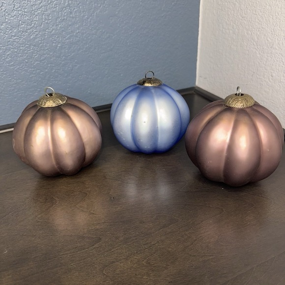 Other - Lot 3 Vtg large Glass Christmas‎ Ornaments Ribbed Pumpkin Shape rose & Blue